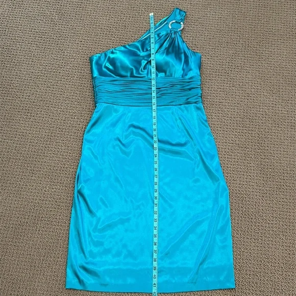 Adrianna Papell Boutique Teal Green Sheath Dress size 14 One Shoulder Satin - Picture 15 of 16
